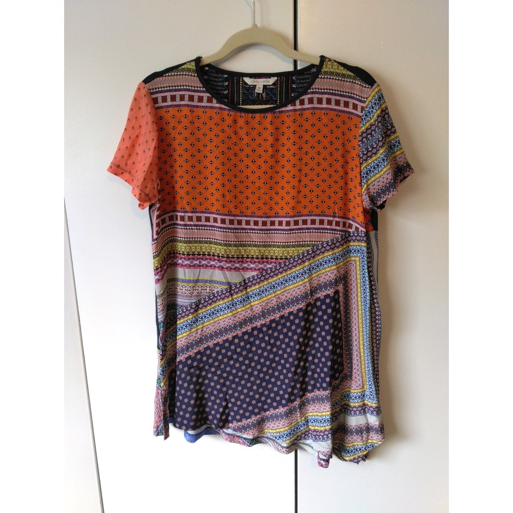 John Mark Artsy Mixed Print Asymmetric Hem Tunic Top Size M Relaxed Boho Chic
